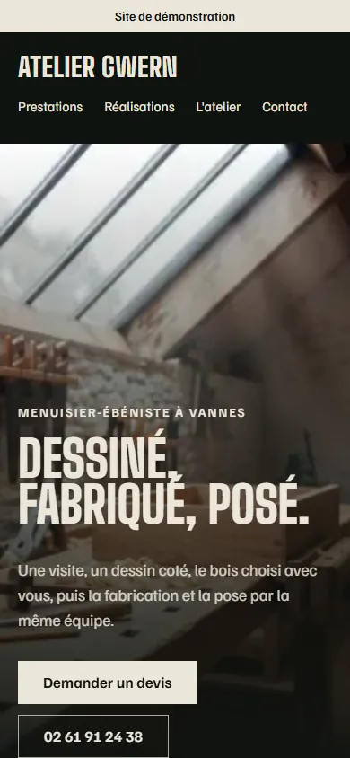 Atelier Gwern sur téléphone : le titre géant sur la photo de l'atelier et le bouton Demander un devis