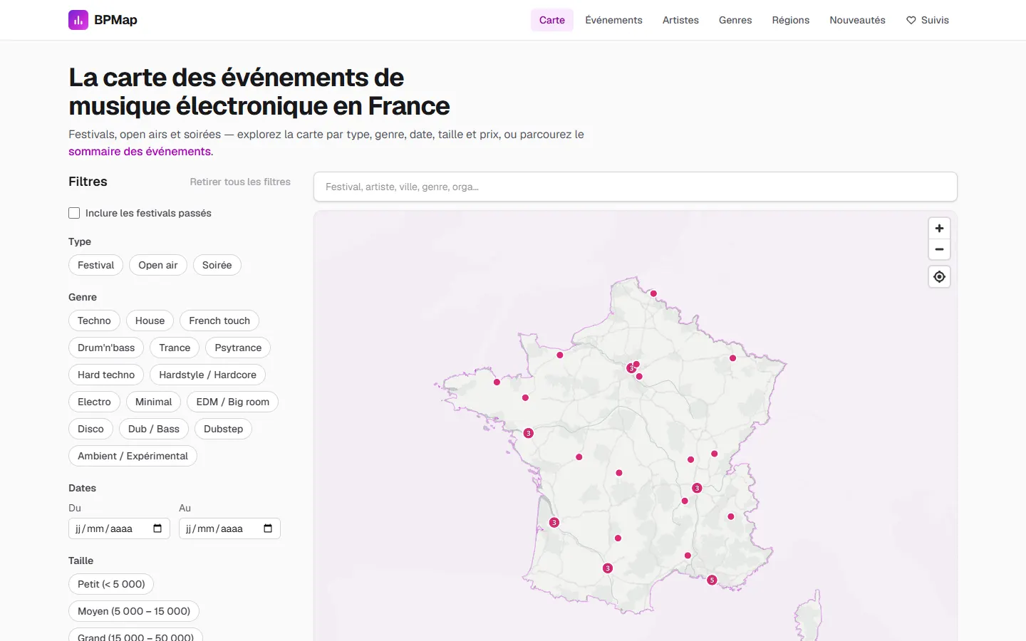 BPMap : carte de France des événements électro avec les filtres par type et par genre