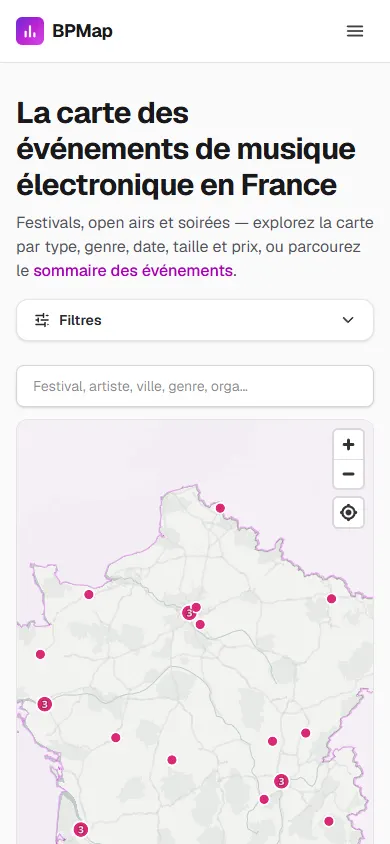 BPMap sur téléphone : titre, filtres repliés et carte
