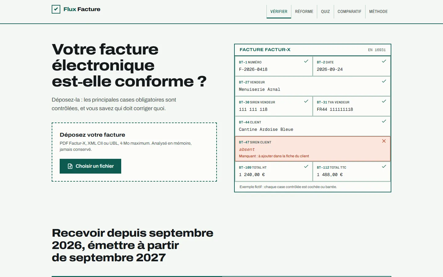 Accueil de Flux Facture : zone de dépôt d'une facture et exemple de contrôle case par case, avec un SIREN client manquant signalé