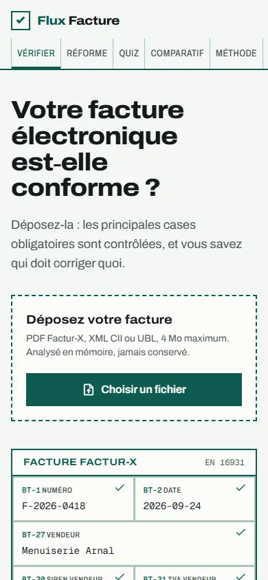 Flux Facture sur téléphone : titre, zone de dépôt et début de l'exemple de contrôle