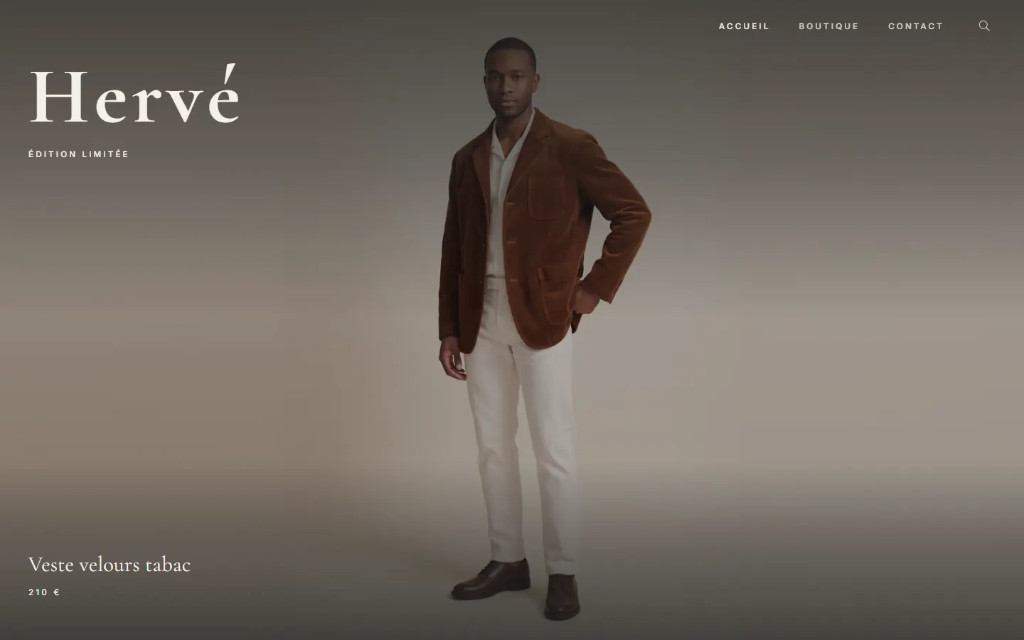 Accueil de la boutique Hervé : une veste en velours tabac en plein écran, nom de la marque en grand