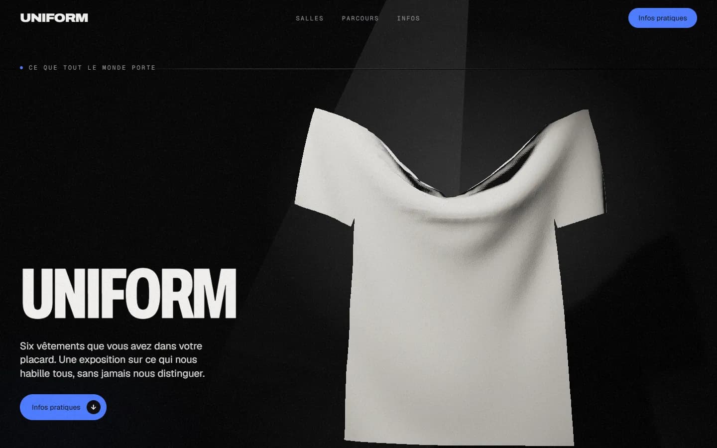 Accueil d'Uniform : un t-shirt blanc en tissu 3D sous un faisceau de lumière, titre UNIFORM en grand